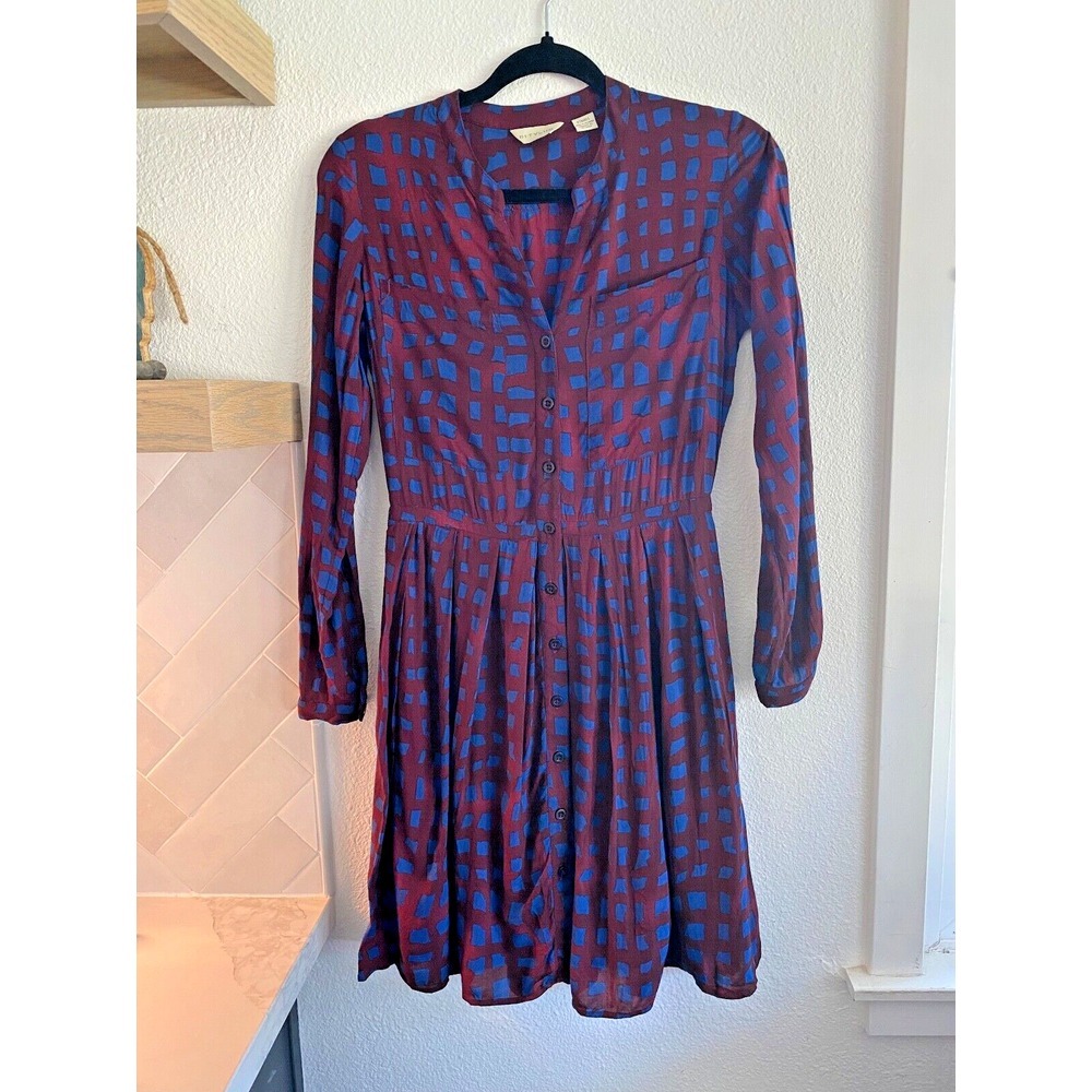 Anthropologie 11•1• TYLHO  Dress XS‎ Burgundy Blue Geometric Fit Flare Button Up